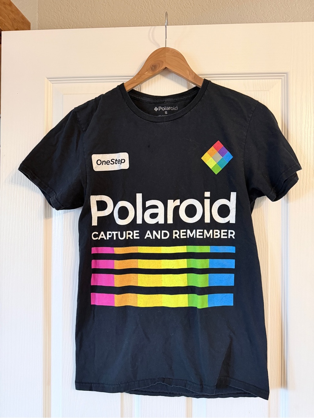 Polaroid Black Short-Sleeve Tee with Rainbow Graphic